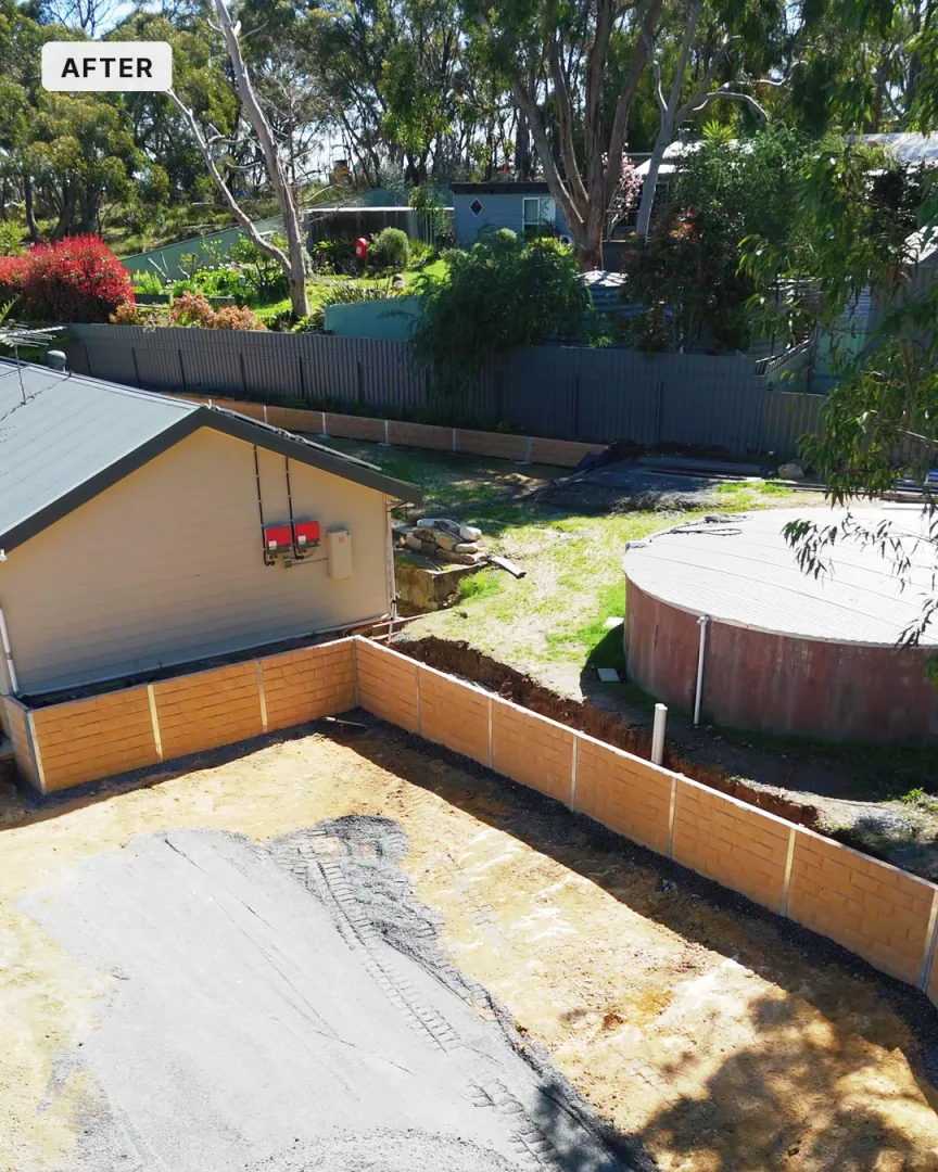 Heathfield block after, finished retaining wall around the levelled pad